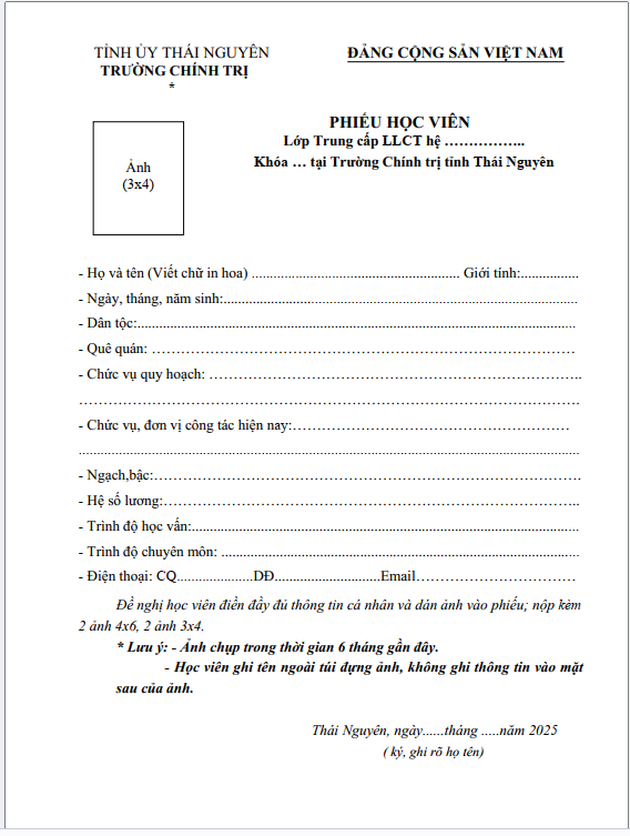 Mẫu phiếu học viên lớp Trung cấp